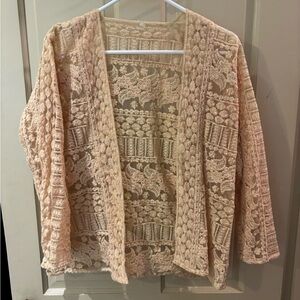 Yellow Lace/Sheer Open-Front Cardigan